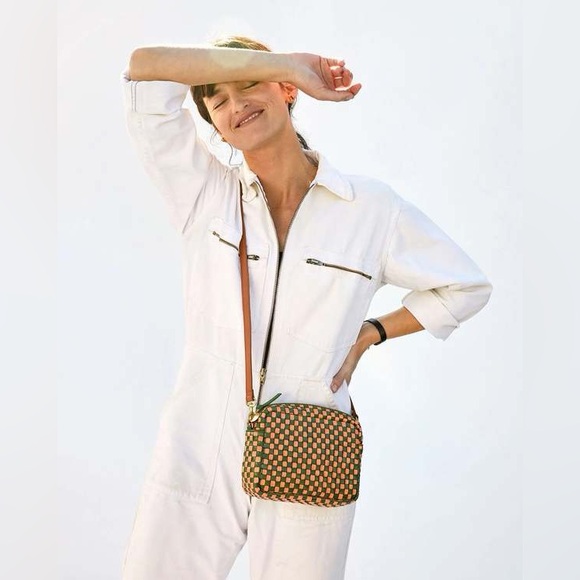 Clare V Midi Sac Safari Green & Coral Orange Woven Leather Checker Crossbody Bag - Picture 13 of 16